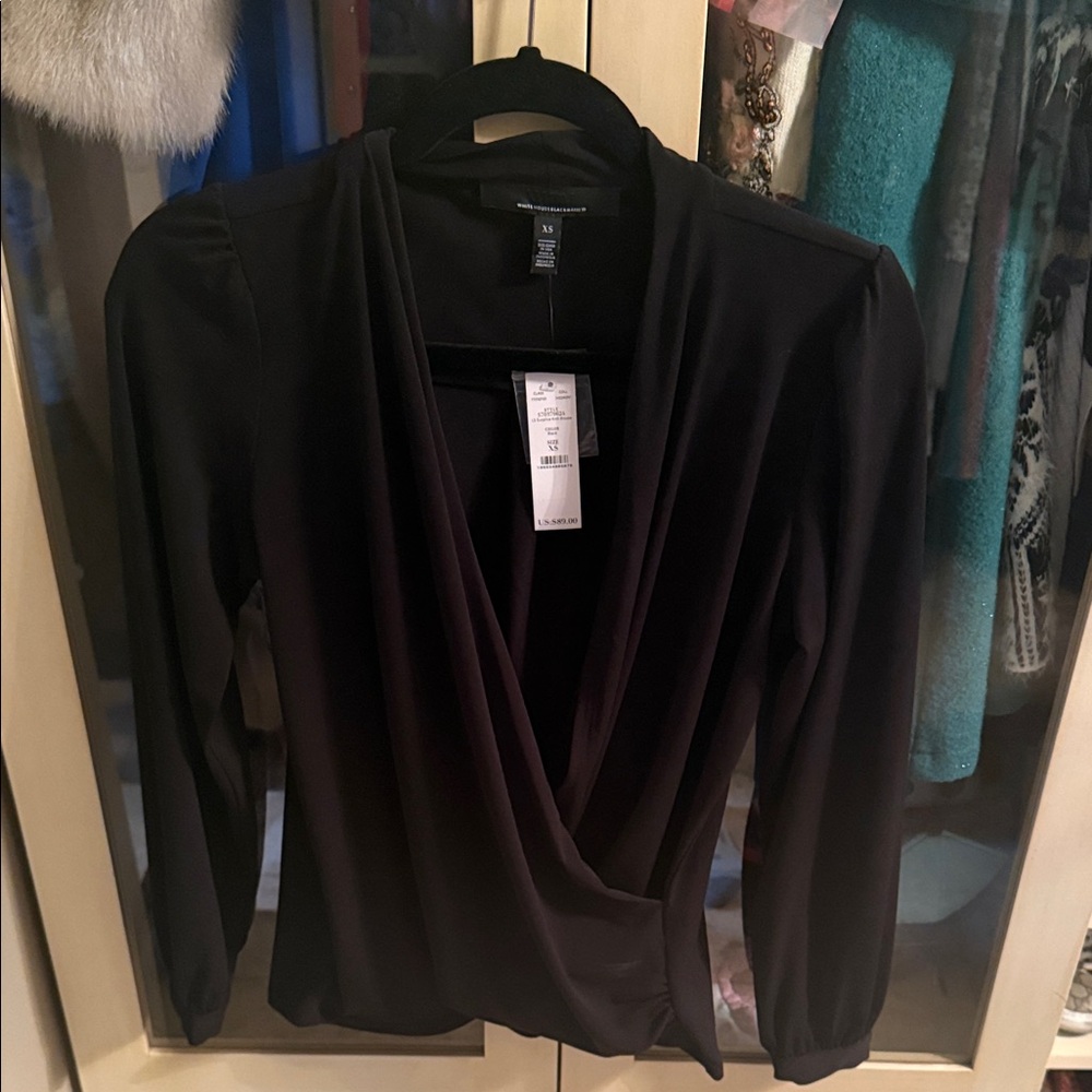 NWT! White House Black Market Black Faux-Wrap Long Sleeve Blouse
